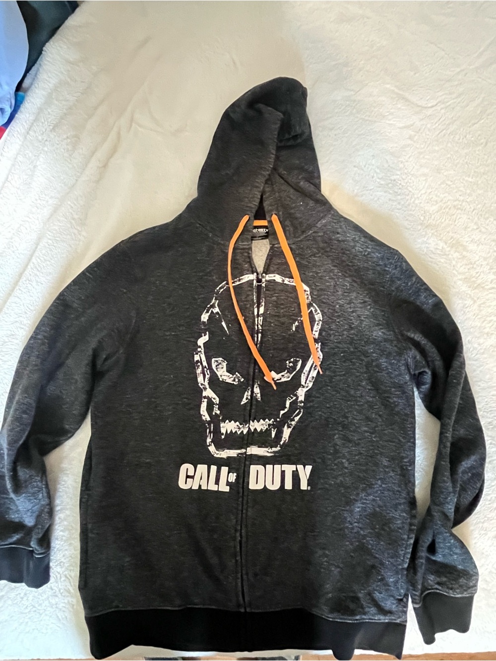 Call of Duty Black Skull Zip-Up Hoodie with Orange Drawstrings